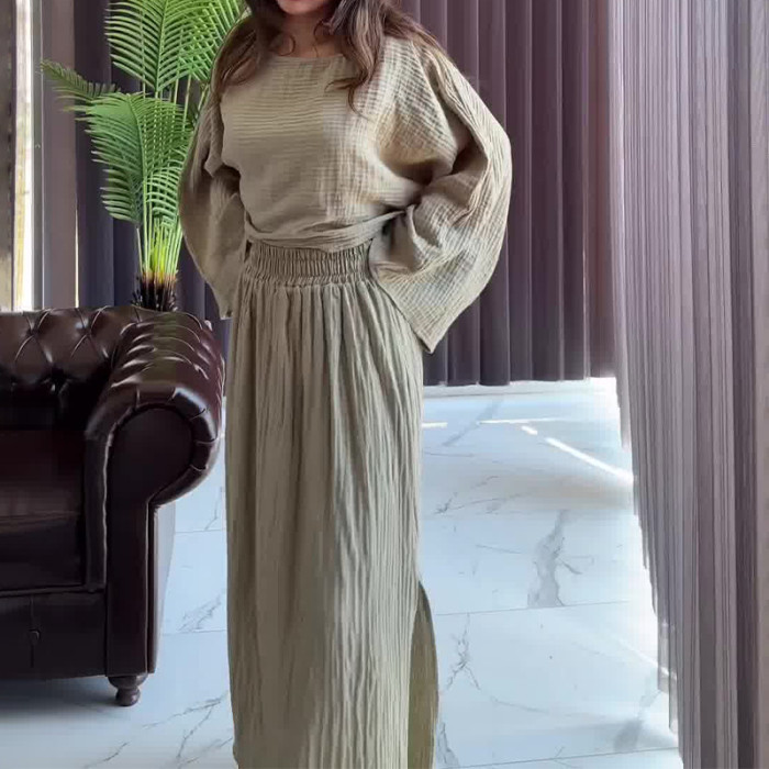 Women's Fashion Casual Solid Color Round Neck Long Sleeve High Waist Simple Skirt Suit