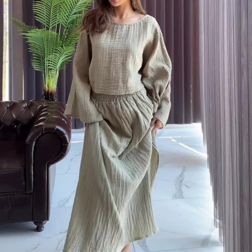 Women's Fashion Casual Solid Color Round Neck Long Sleeve High Waist Simple Skirt Suit