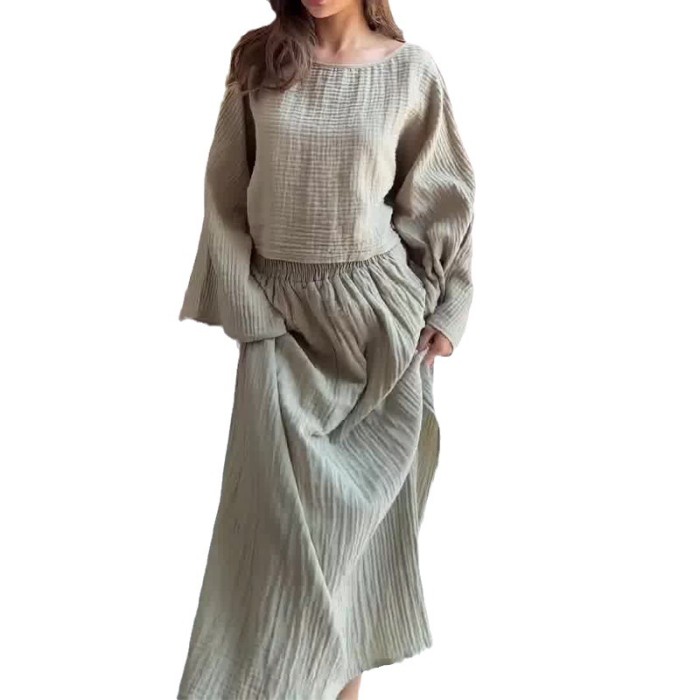 Women's Fashion Casual Solid Color Round Neck Long Sleeve High Waist Simple Skirt Suit