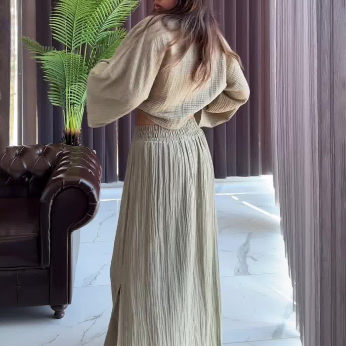 Women's Fashion Casual Solid Color Round Neck Long Sleeve High Waist Simple Skirt Suit