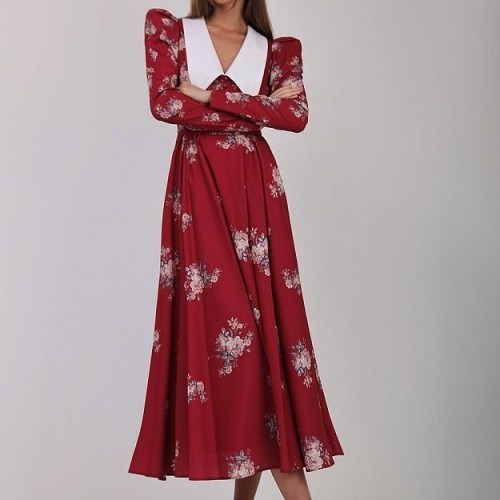 Women's Fashion Floral Print Temperament Long Sleeve Slim Retro Swing Dress