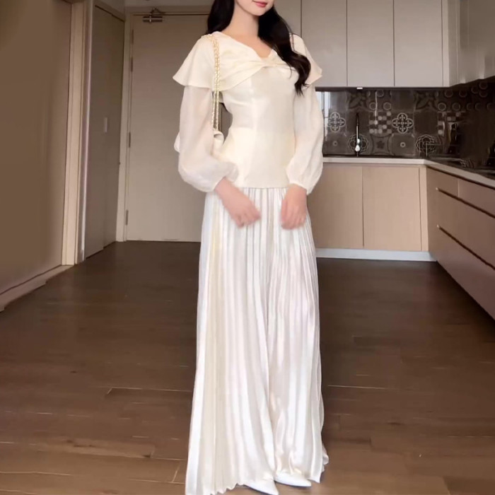 Women's Fashion Solid Color Lapel Lantern Sleeve Top High Waist Pleated Trousers Set