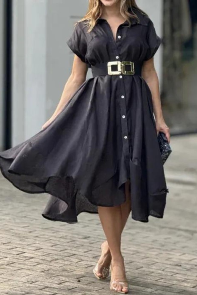 Elegant Fashion Solid Color Lapel Short Sleeve Casual Loose Shirt Dress