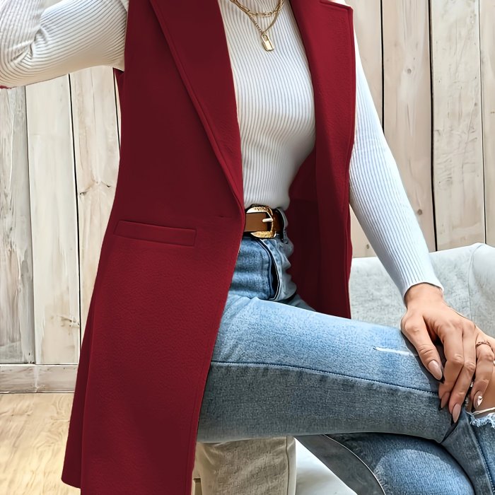 Solid Open Front Vest, Elegant Lapel Sleeveless Mid Length Vest, Women's Clothing