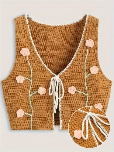 Floral Pattern Tied Front Knit Vest, Casual V Neck Sleeveless Crop Sweater, Women's Clothing