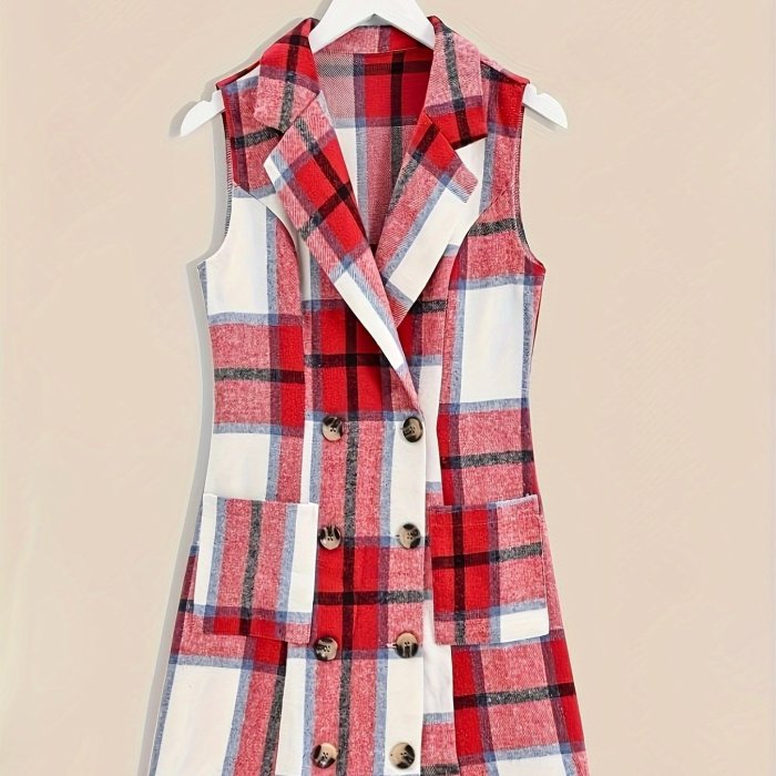 Lapel Sleeveless Plaid Cardigan, Mature Double Breasted Button Pockets Mid Length Sweater, Women's Clothing