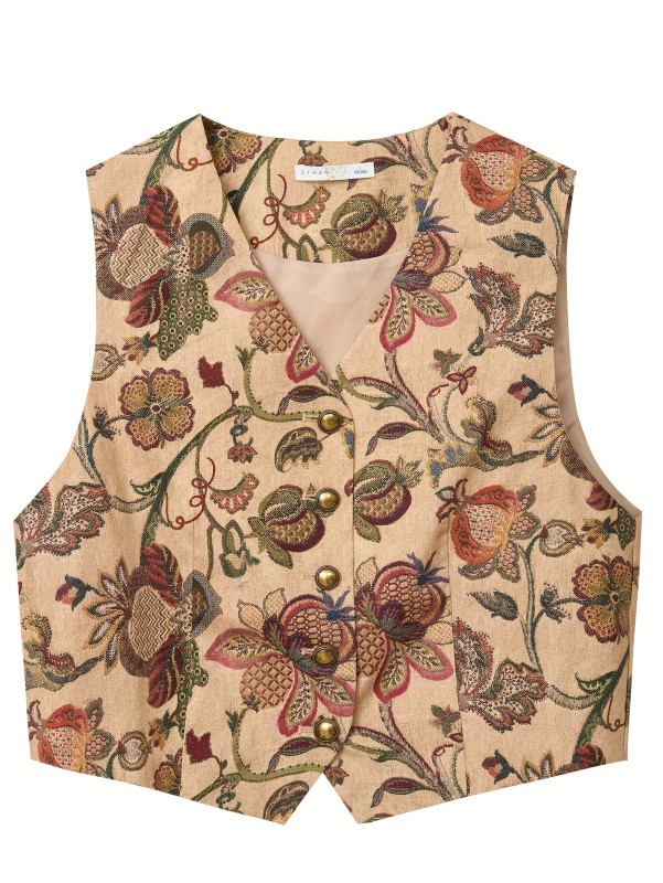 Stylish Floral Print Vest - Women's Sleeveless V Neck Clothing - Vintage Button Front Design for Summer Outings and Casual Wear