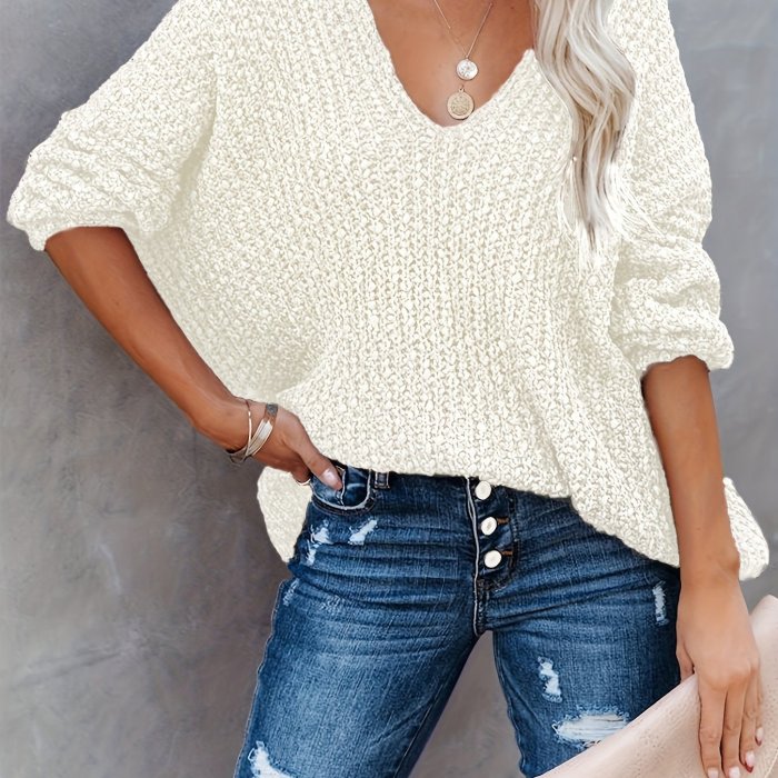 Vibrant Solid V Neck Knitted Pullover Top - Soft Mid-Elastic Acrylic Fabric, Semi-Sheer Casual Long Sleeve Sweater for Fall & Winter - Hand Washable, No Printing, Knit Fabric Construction