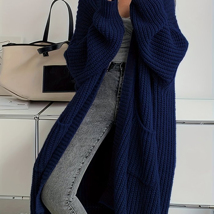 Solid Open Front Cardigan, Casual Long Sleeve Drop Shoulder Long Length Outwear, Women's Clothing