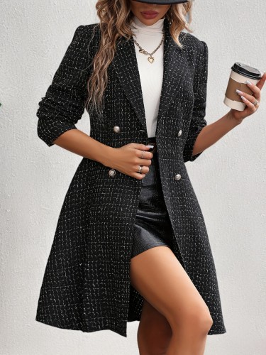 Double Breasted Long Length Blazer, Elegant Lapel Long Sleeve Outerwear, Women's Clothing