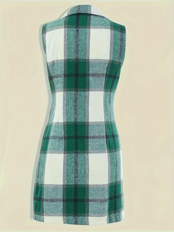 Lapel Sleeveless Plaid Cardigan, Mature Double Breasted Button Pockets Mid Length Sweater, Women's Clothing