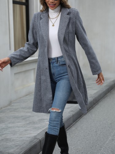 Solid Single Breasted Lapel Overcoat, Casual Long Sleeve Trench Coat For Fall & Winter, Women's Clothing
