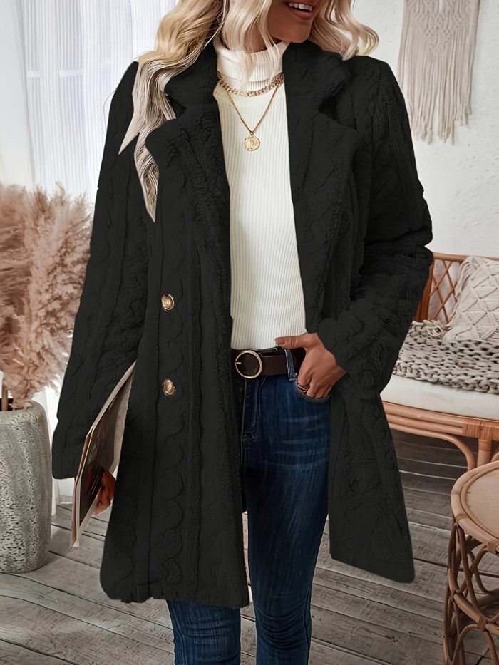 Double Breasted Lapel Teddy Coat, Versatile Long Sleeve Textured Thermal Winter Outwear, Women's Clothing