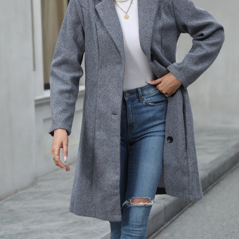 Solid Single Breasted Lapel Overcoat, Casual Long Sleeve Trench Coat For Fall & Winter, Women's Clothing