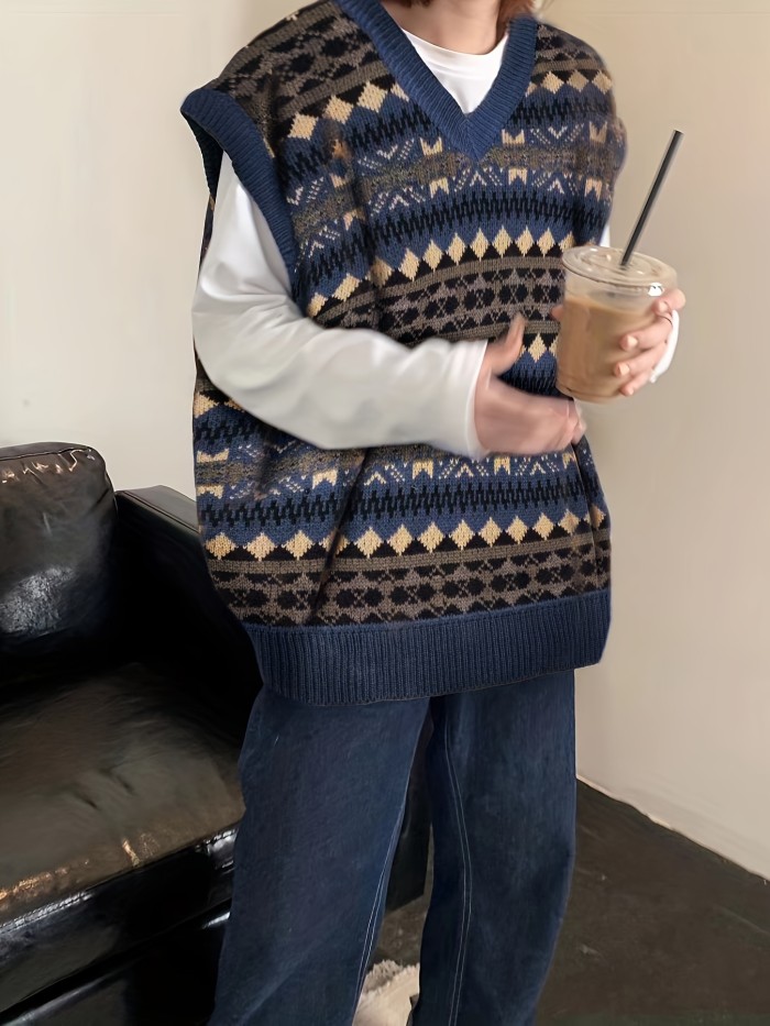 Allover Pattern V Neck Sweater Vest, Preppy Sleeveless Loose Sweater, Women's Clothing