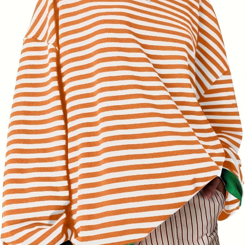 Striped Pattern Loose Pullover Sweatshirt, Casual Long Sleeve Crew Neck Sweatshirt, Women's Clothing