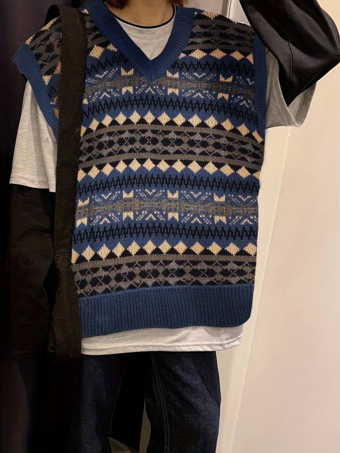 Allover Pattern V Neck Sweater Vest, Preppy Sleeveless Loose Sweater, Women's Clothing