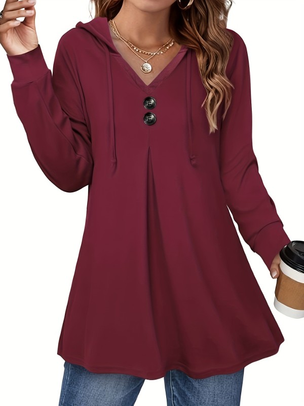 Button Front Drawstring Hoodie, Casual Long Sleeve Hoodies Sweatshirt, Women's Clothing