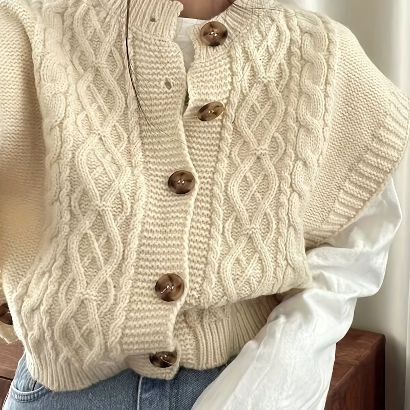 Twist Button Front Knitted Vest Sweater, Casual Crew Neck Sleeveless Sweater For Fall & Winter, Women's Clothing