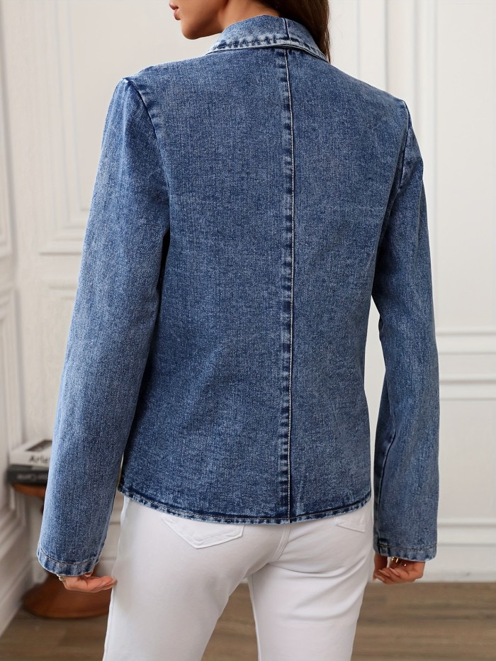 Elegant Long Sleeve Button Up Shawl Collar Washed Denim Blazer, Women's Denim Clothing