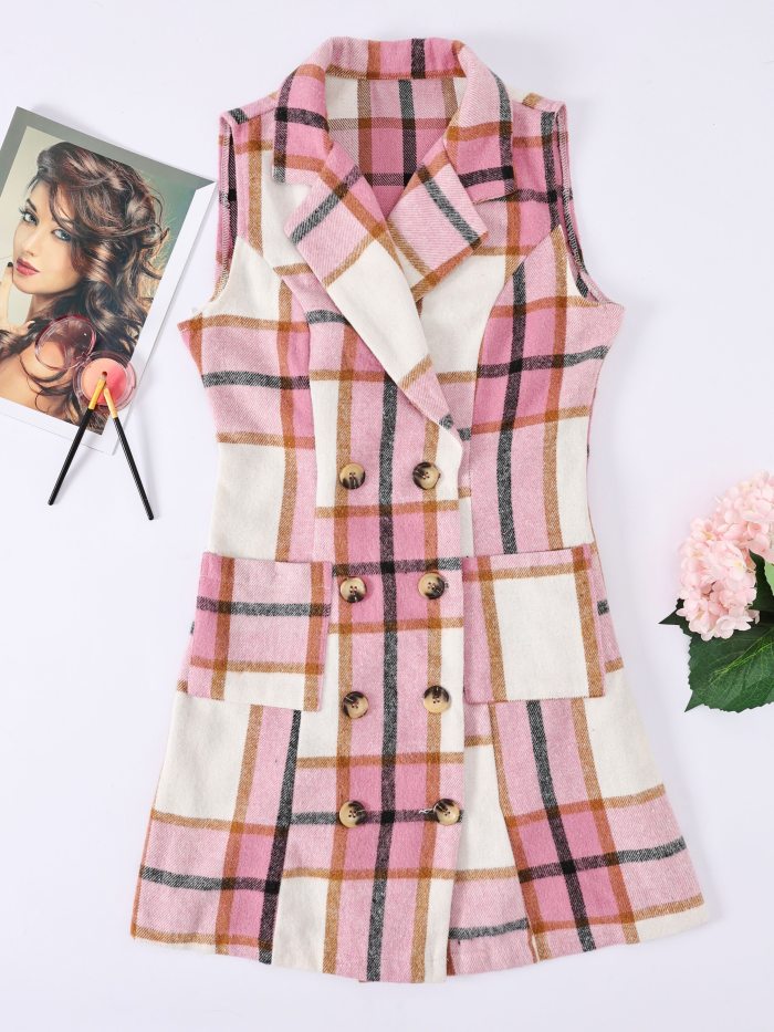 Lapel Sleeveless Plaid Cardigan, Mature Double Breasted Button Pockets Mid Length Sweater, Women's Clothing