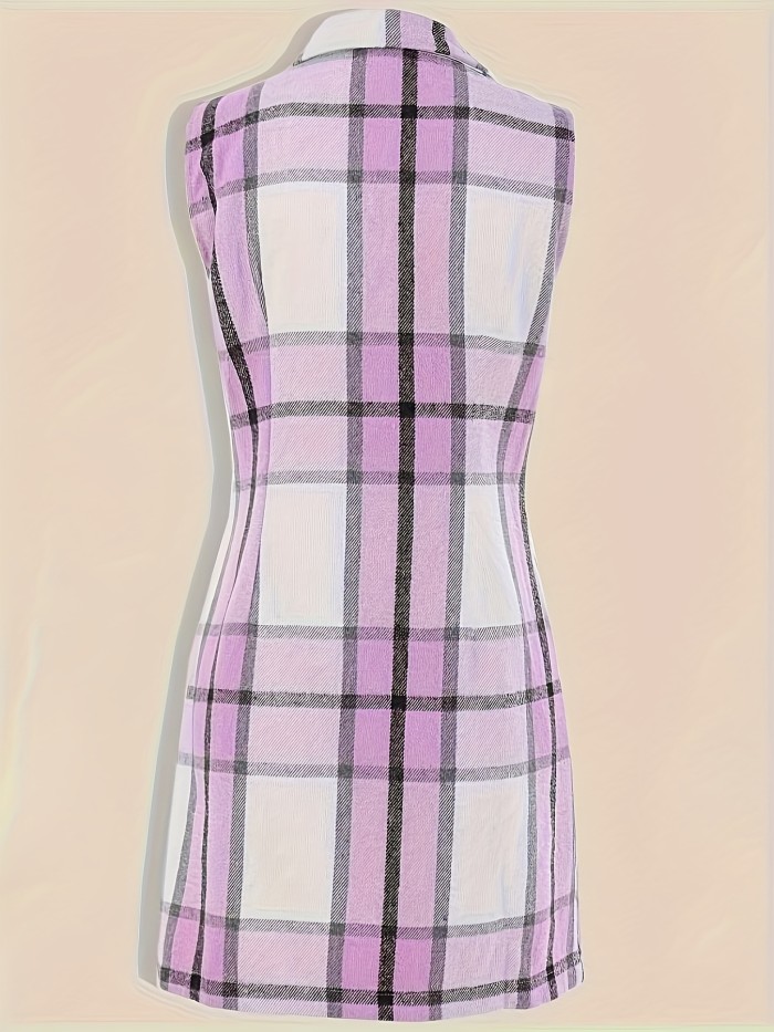 Lapel Sleeveless Plaid Cardigan, Mature Double Breasted Button Pockets Mid Length Sweater, Women's Clothing