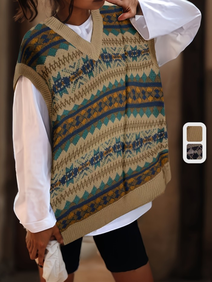 Allover Pattern V Neck Sweater Vest, Preppy Sleeveless Loose Sweater, Women's Clothing
