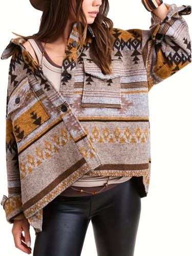 Women's Aztec Print Vintage Style Flap Pocket Long Sleeve Stylish Shirt Jacket Coat