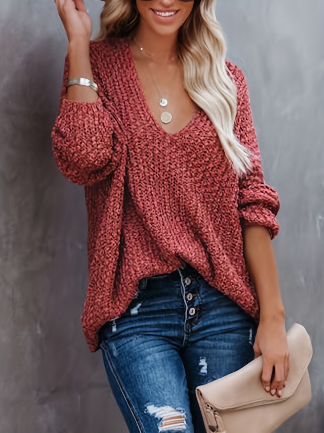 Vibrant Solid V Neck Knitted Pullover Top - Soft Mid-Elastic Acrylic Fabric, Semi-Sheer Casual Long Sleeve Sweater for Fall & Winter - Hand Washable, No Printing, Knit Fabric Construction