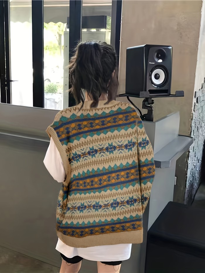 Allover Pattern V Neck Sweater Vest, Preppy Sleeveless Loose Sweater, Women's Clothing