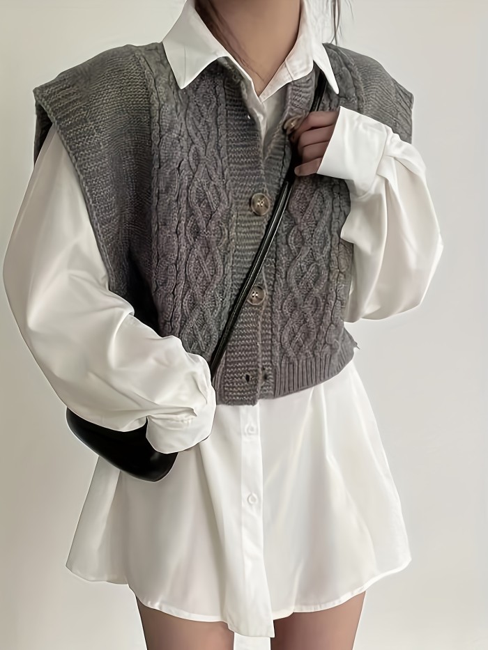 Twist Button Front Knitted Vest Sweater, Casual Crew Neck Sleeveless Sweater For Fall & Winter, Women's Clothing