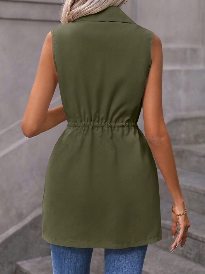 Solid Color Drawstring Vest, Elegant Sleeveless Open Front Vest For Spring & Summer, Women's Clothing