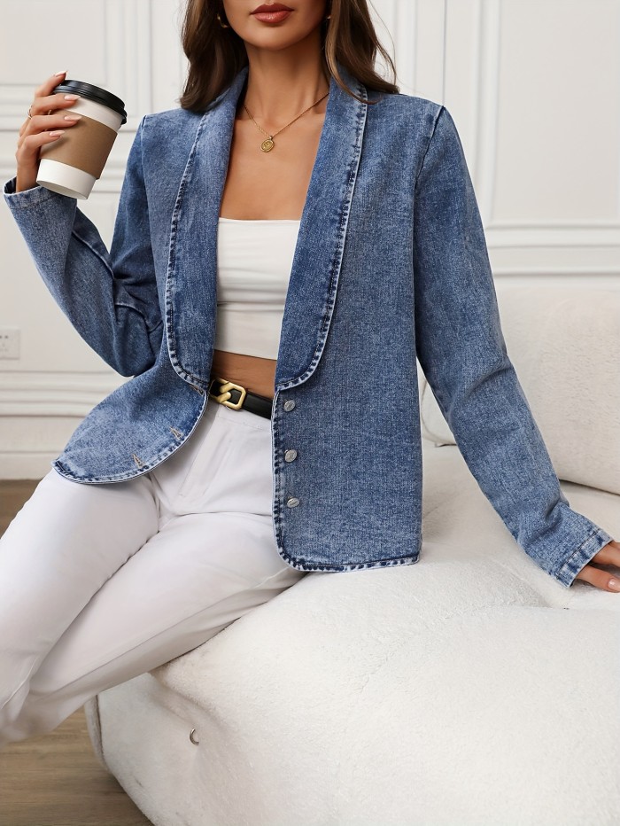Elegant Long Sleeve Button Up Shawl Collar Washed Denim Blazer, Women's Denim Clothing