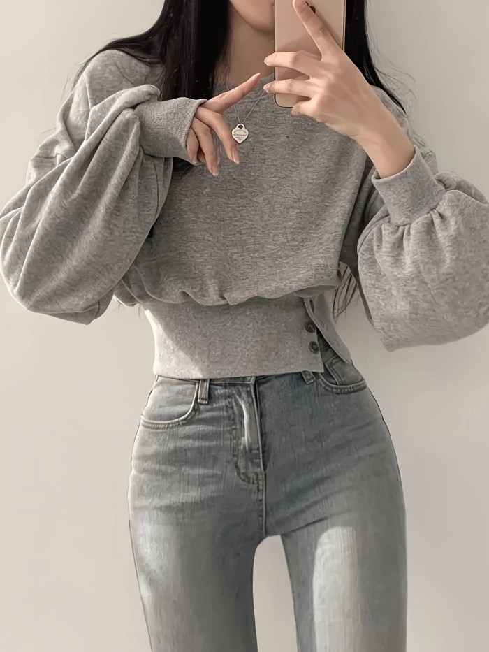 Solid Color Crew Neck Pullover Sweater, Y2K Long Sleeve Button Decor Knitted Sweater For Fall & Winter, Women's Clothing