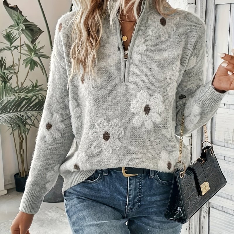 Floral Pattern Mock Zipper Neck Knitted Sweater, Casual Long Sleeve Pullover Sweater For Fall & Winter, Women's Clothing