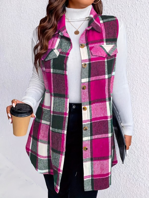 Plus Size Casual Coat, Women's Plus Plaid Print Button Up Lapel Collar Tunic Vest Coat