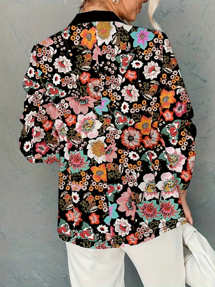 Floral Print Open Front Blazer, Elegant Long Sleeve Notched Lapel Blazer For Spring & Fall, Women's Clothing