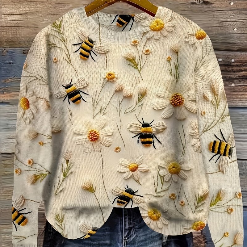 Floral Bee Crew Neck Sweater - Soft Micro Elastic Polyester Long Sleeve Thin Knit Fabric for Spring and Fall - Hand Washable, Young and Casual Style for Women