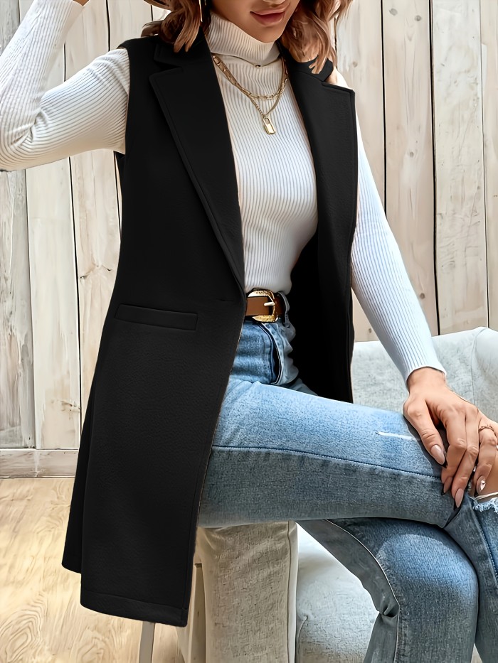 Solid Open Front Vest, Elegant Lapel Sleeveless Mid Length Vest, Women's Clothing