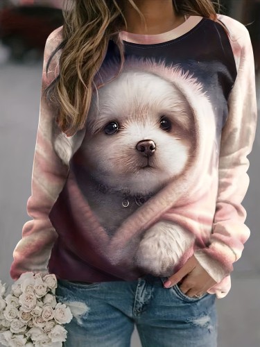 Cute Dog Print Sweatshirt, Casual Long Sleeve Crew Neck Sweatshirt, Women's Clothing