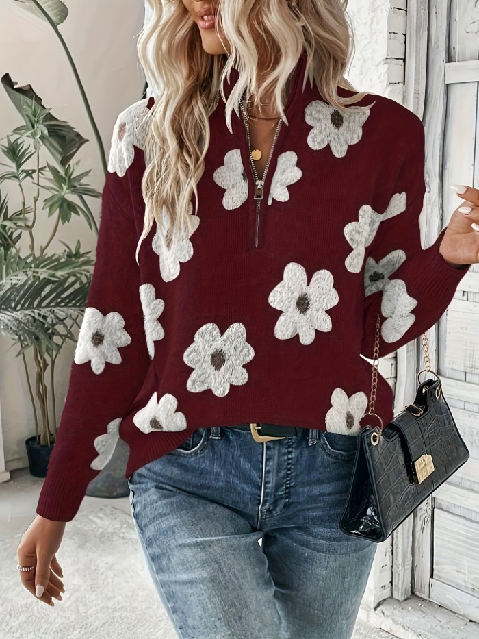 Floral Pattern Mock Zipper Neck Knitted Sweater, Casual Long Sleeve Pullover Sweater For Fall & Winter, Women's Clothing