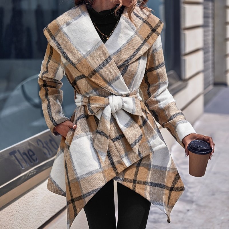 Plaid Print Wrap Tie Coat, Elegant Asymmetric Hem Long Sleeve Lapel Coat For Fall & Winter, Women's Clothing