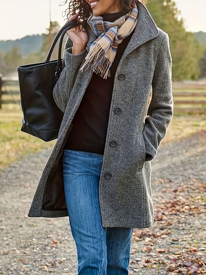 Solid Color Single Breasted Overcoat, Casual Long Sleeve Outerwear For Fall & Winter, Women's Clothing