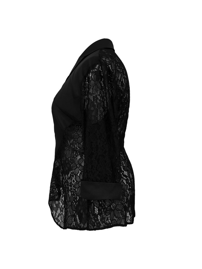 Plus Size Elegant Lace Stitching Blazer - Semi-Sheer, Lapel Collar, Open Front, Machine Washable, Solid Color, Woven Polyester Fabric - Perfect for Spring and Fall Seasons