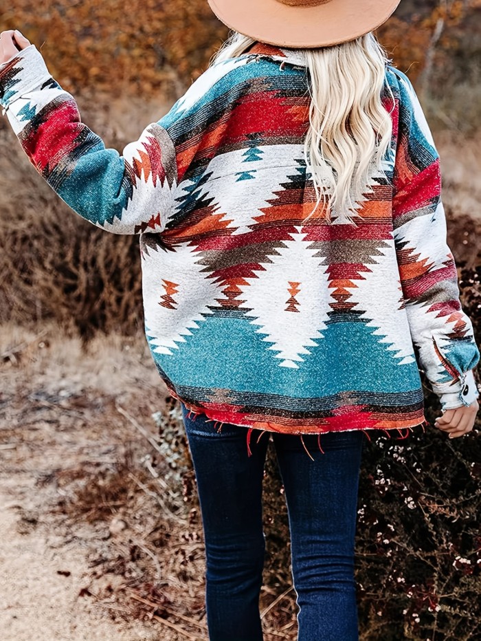 Women's Aztec Print Vintage Style Flap Pocket Long Sleeve Stylish Shirt Jacket Coat