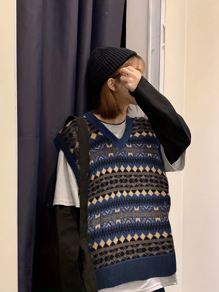 Allover Pattern V Neck Sweater Vest, Preppy Sleeveless Loose Sweater, Women's Clothing