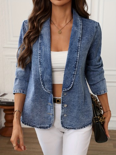 Elegant Long Sleeve Button Up Shawl Collar Washed Denim Blazer, Women's Denim Clothing