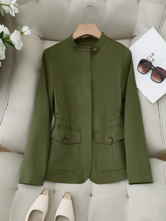 Button Front Plain Color Jacket, Casual Long Sleeve Jacket For Spring & Fall, Women's Clothing