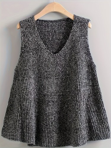 Plus Size Casual Sweater Vest, Women's Plus Solid V Neck Slight Stretch Sweater Vest