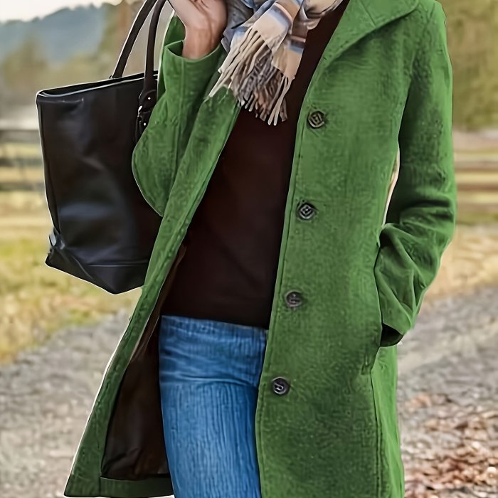 Solid Color Single Breasted Overcoat, Casual Long Sleeve Outerwear For Fall & Winter, Women's Clothing